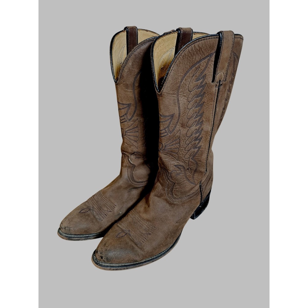 Vintage Durango Western Cowboy Boots Mens 11 Brown Leather Stitched Pointed Toe